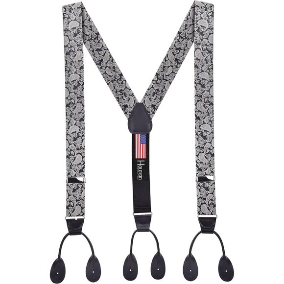 HOLD'EM 100% Silk Suspenders For Men Y-Back Button End – Black/Silver Paisley - Picture 1 of 7